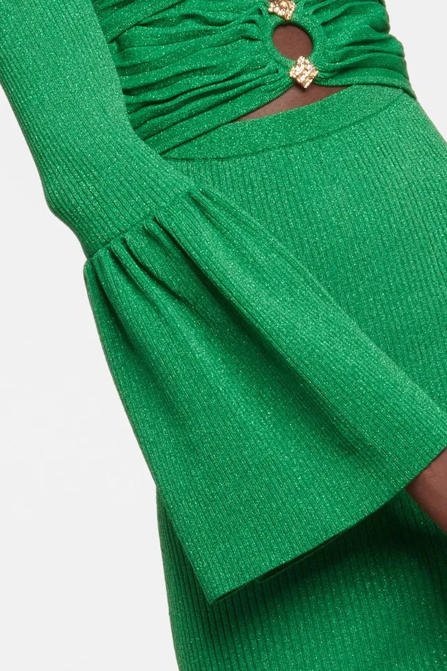 Flared Sleeve Heart Collar Knit Dress Green