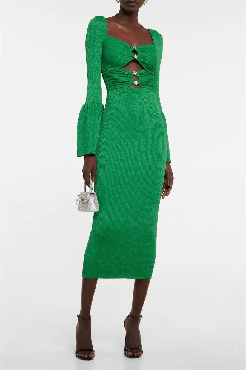 Flared Sleeve Heart Collar Knit Dress Green