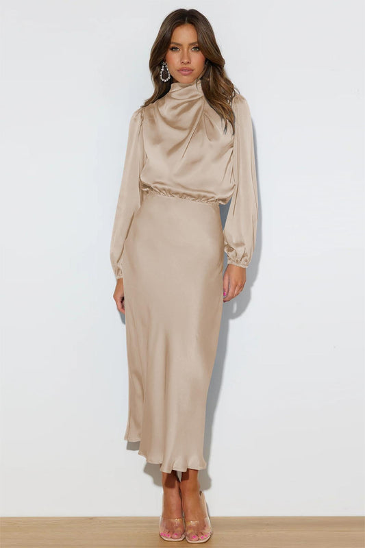 Loose Satin Lantern Sleeve High Neck Midi Dress