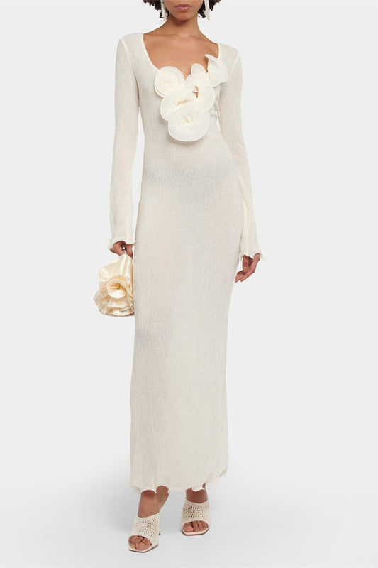 3D Flower Long Sleeve V-Neck Split Maxi Dress White