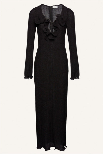 3D Flower Long Sleeve V-Neck Split Maxi Dress Black