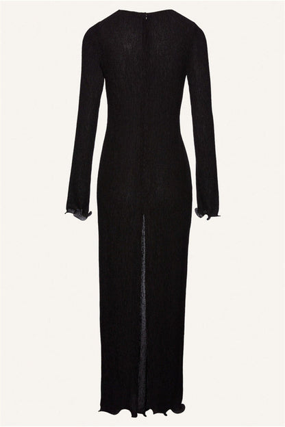 3D Flower Long Sleeve V-Neck Split Maxi Dress Black