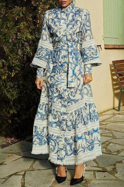 Printed Lantern Sleeve Stand Collar Patchwork Maxi Dress