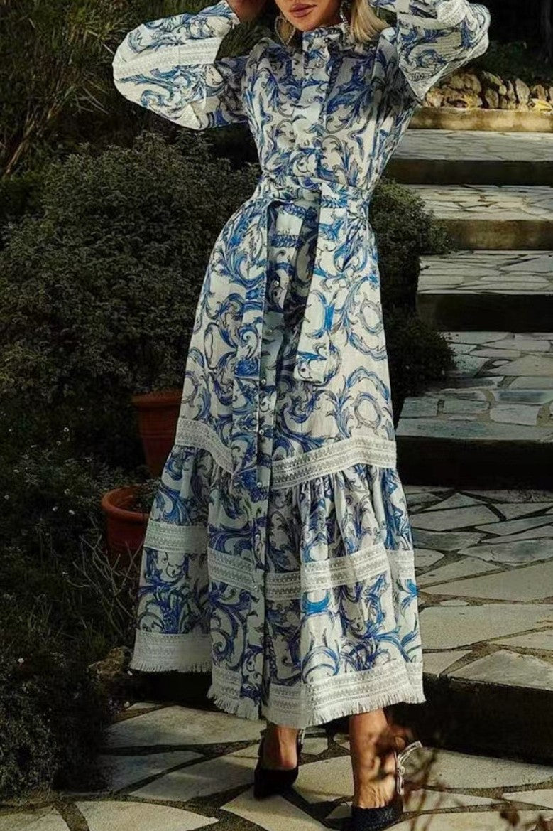 Printed Lantern Sleeve Stand Collar Patchwork Maxi Dress