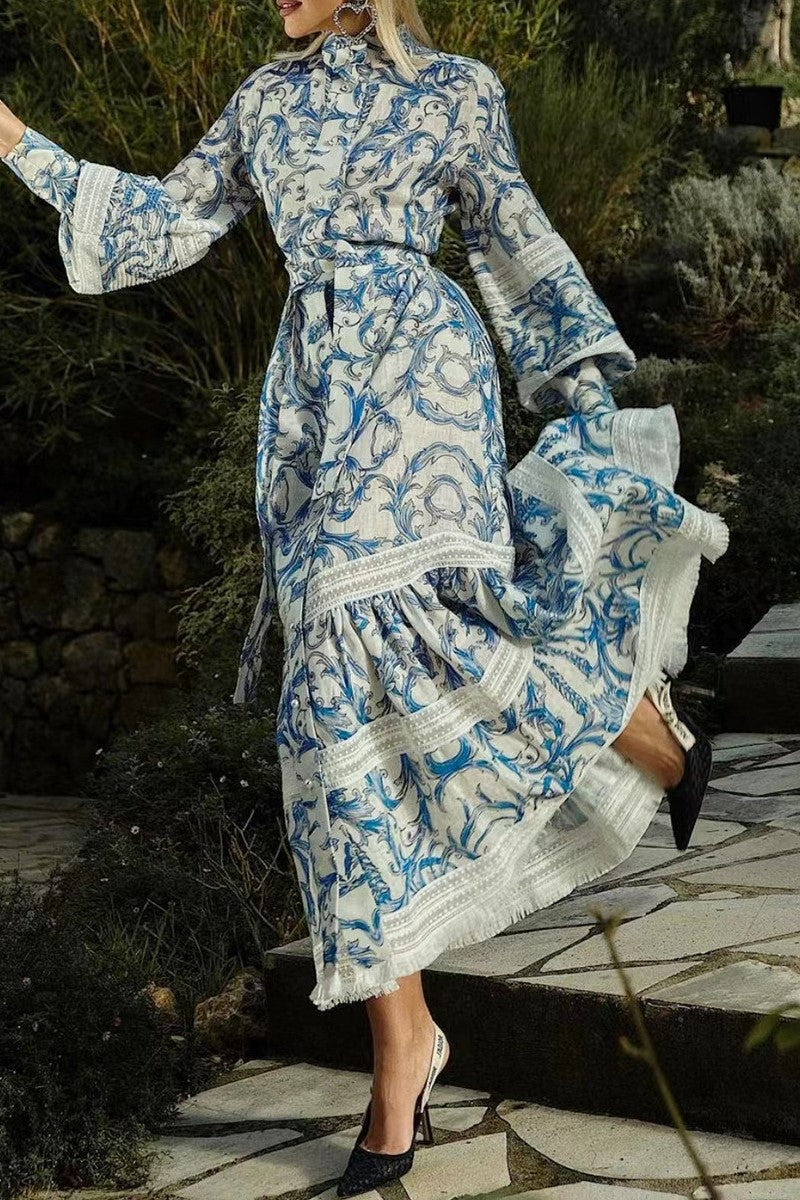 Printed Lantern Sleeve Stand Collar Patchwork Maxi Dress