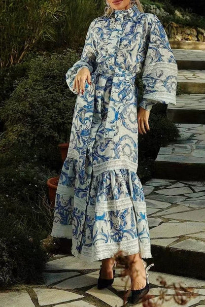 Printed Lantern Sleeve Stand Collar Patchwork Maxi Dress