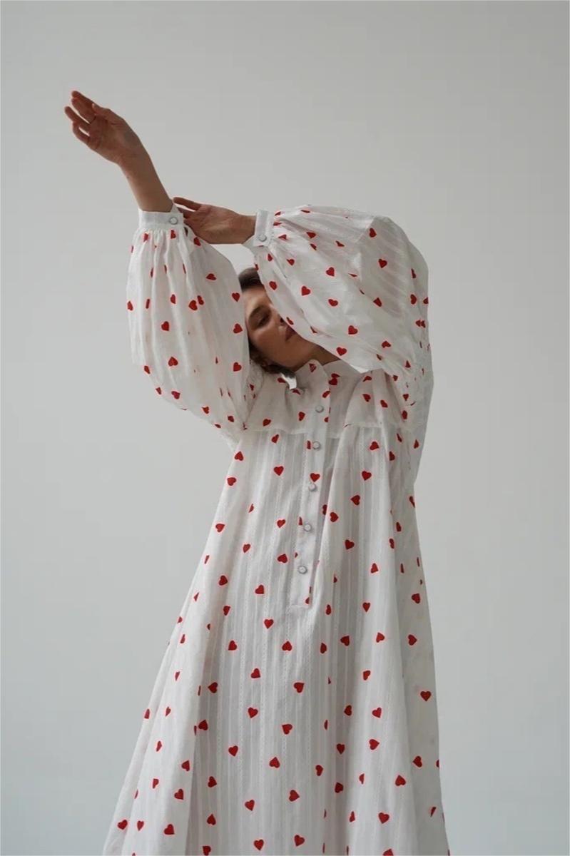 Heart Print Long Sleeve Maxi Dress