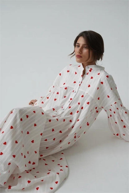 Heart Print Long Sleeve Maxi Dress
