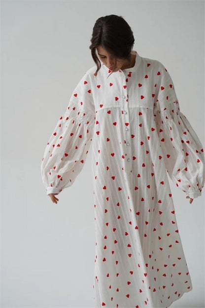Heart Print Long Sleeve Maxi Dress
