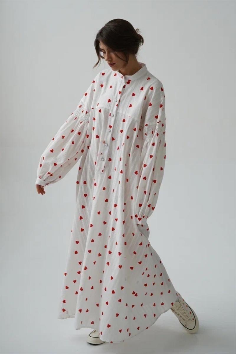Heart Print Long Sleeve Maxi Dress