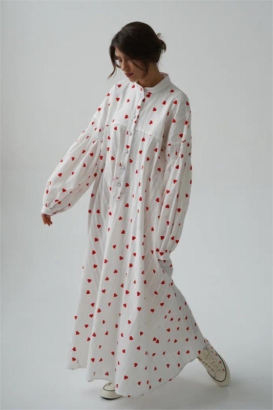 Heart Print Long Sleeve Maxi Dress