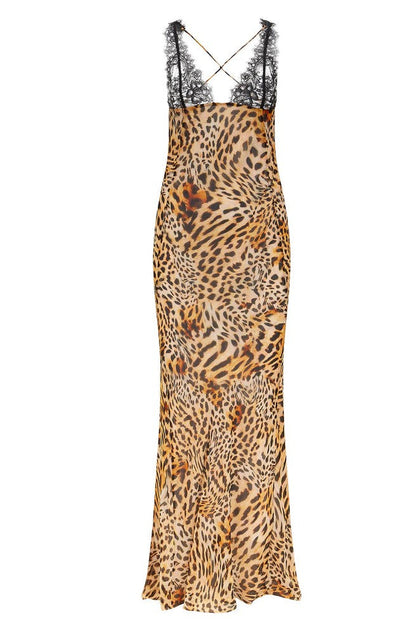 Lace Cup Detail Animal Print Maxi Dress
