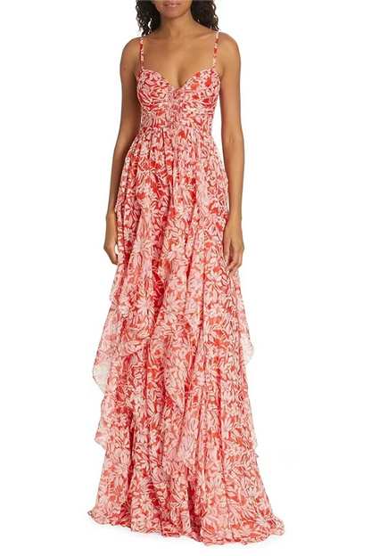 Floral Ruched Ruffle Cami Maxi Dress
