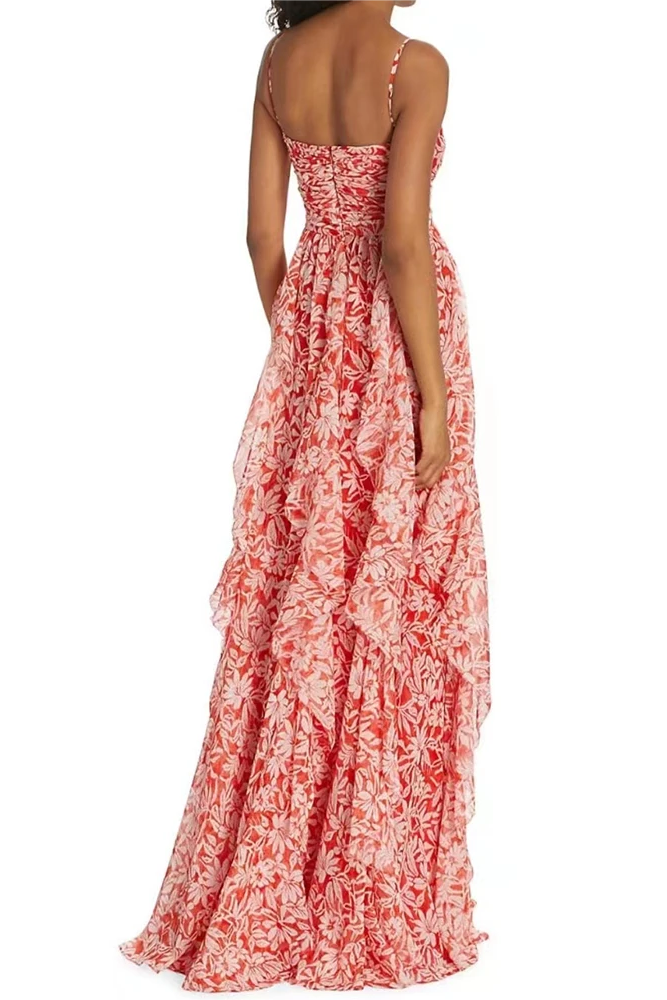 Floral Ruched Ruffle Cami Maxi Dress