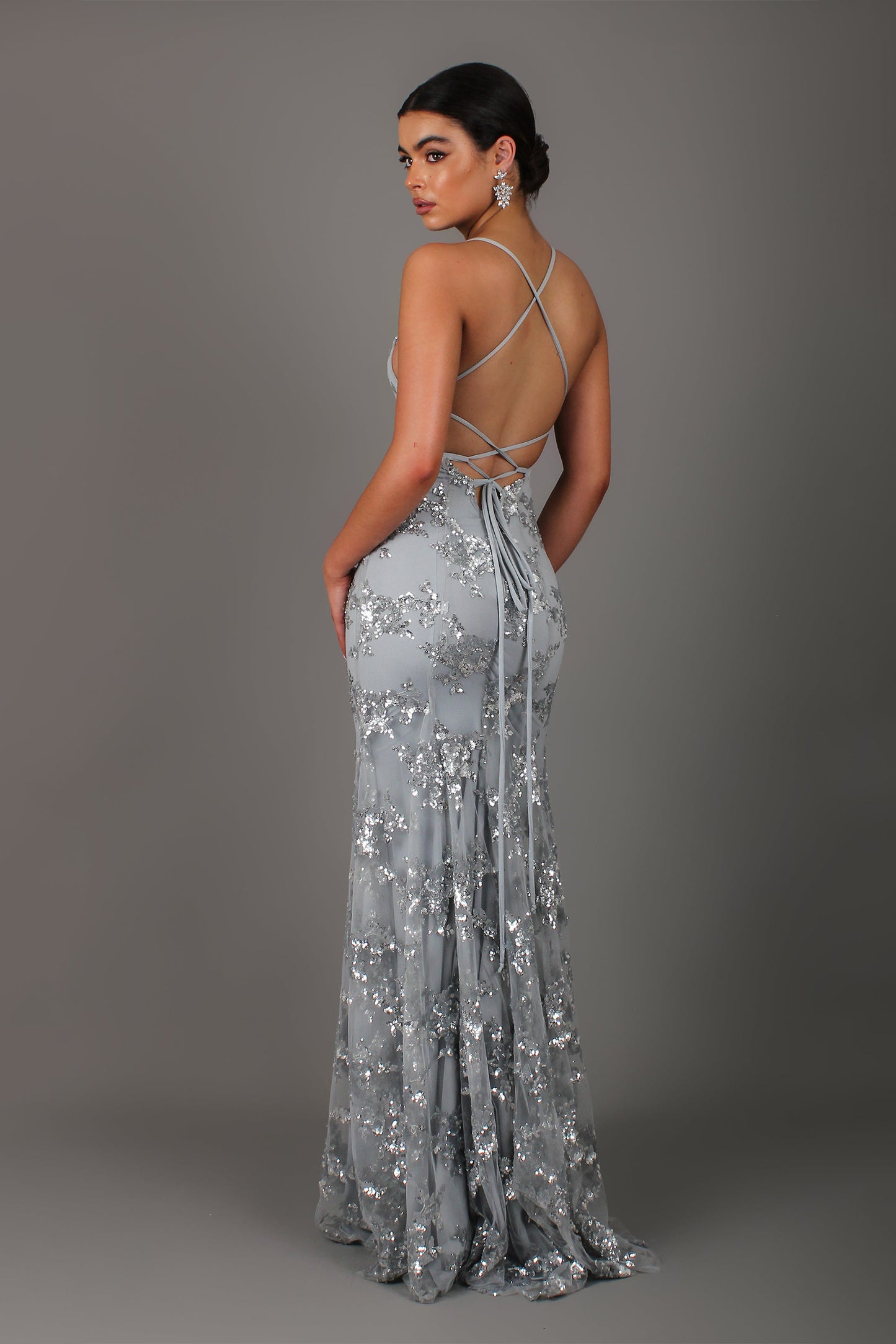 Sequin V-Neck Backless Maxi Dress Grey
