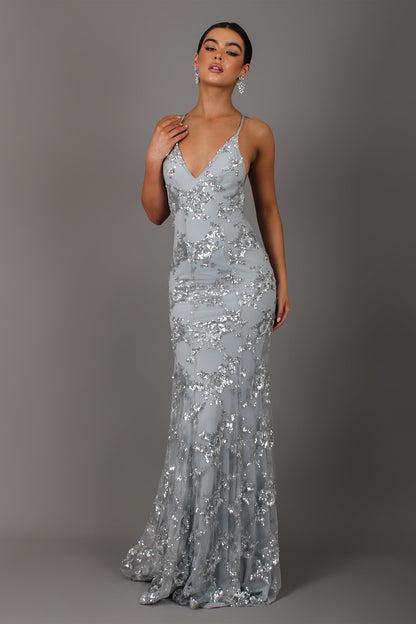 Sequin V-Neck Backless Maxi Dress Grey