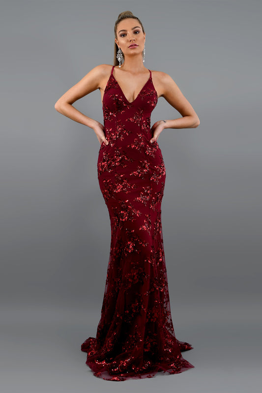 Sequin V-Neck Backless Maxi Dress Red