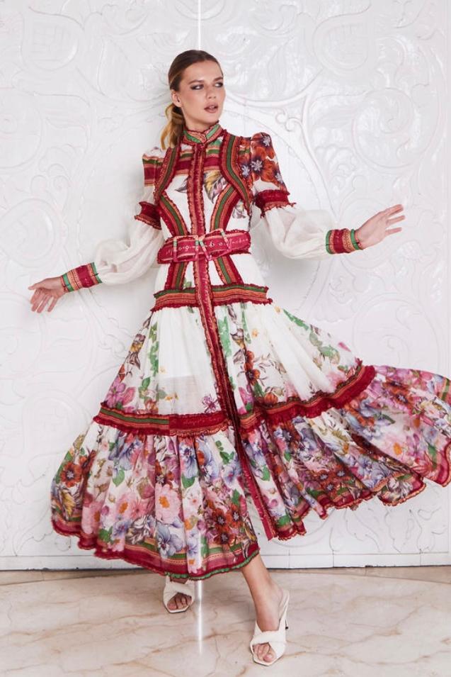 Floral Lantern Sleeve Stand Collar Ruffle Maxi Dress