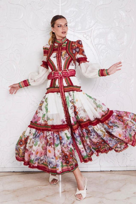 Floral Lantern Sleeve Stand Collar Ruffle Maxi Dress