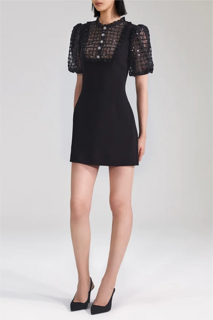 Sequin Crepe Puff Sleeve Mini Dress Black