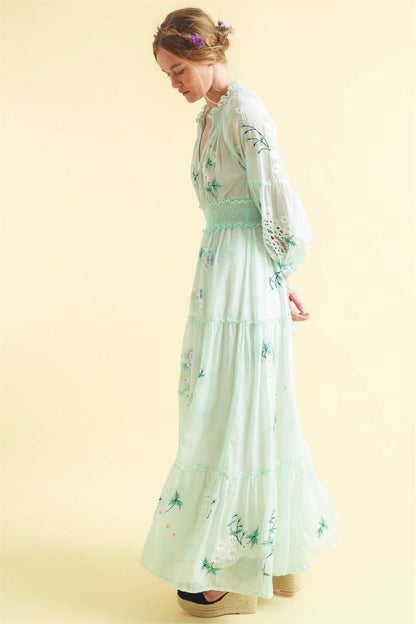 V-Neck Long Sleeve Embroidery Maxi Dress