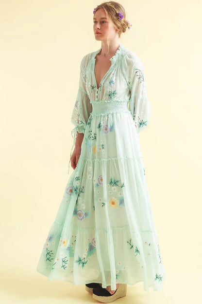 V-Neck Long Sleeve Embroidery Maxi Dress