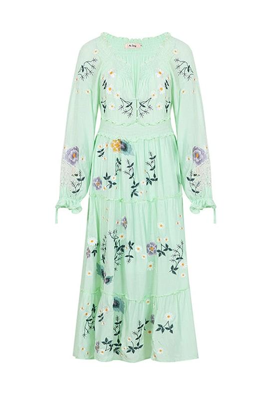 V-Neck Long Sleeve Embroidery Maxi Dress
