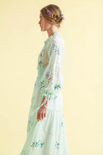 V-Neck Long Sleeve Embroidery Maxi Dress