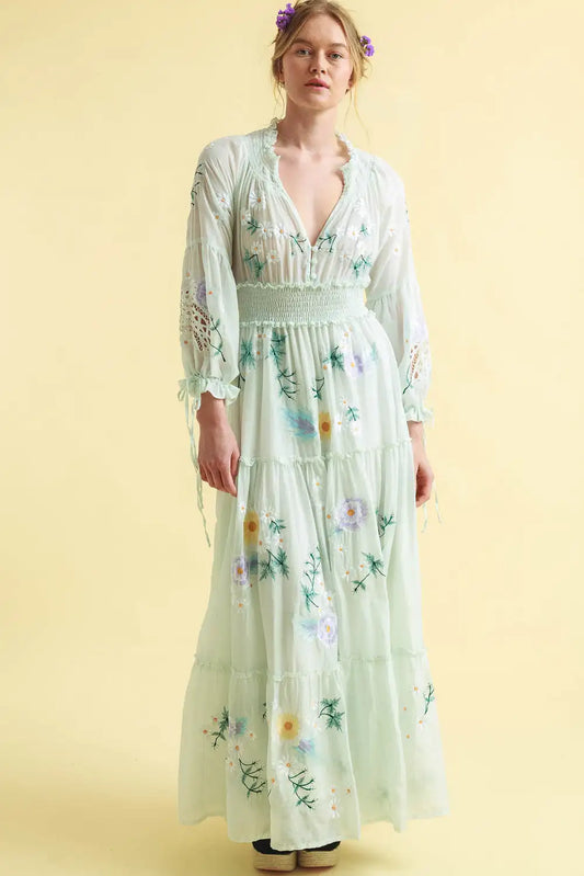 V-Neck Long Sleeve Embroidery Maxi Dress