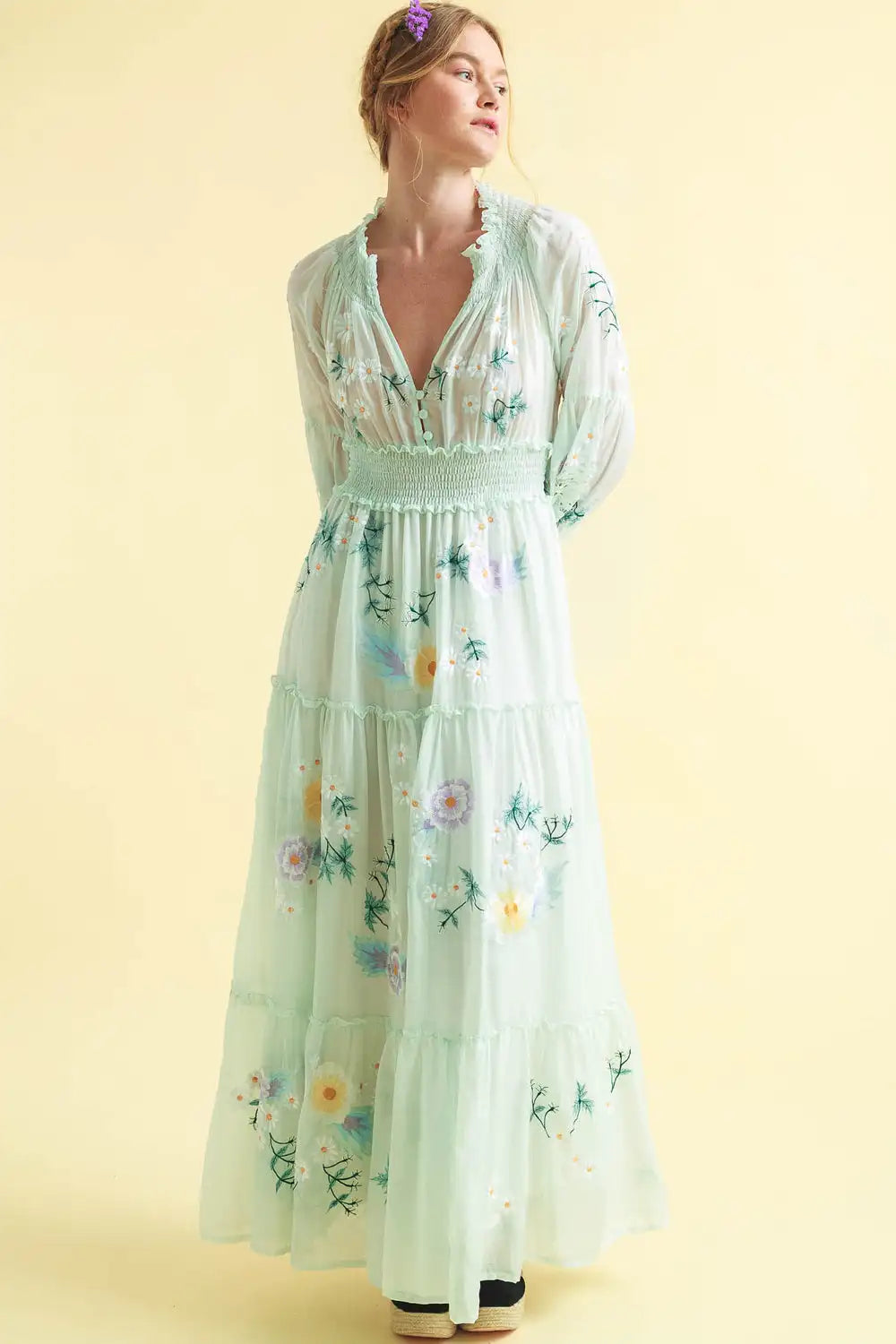 V-Neck Long Sleeve Embroidery Maxi Dress