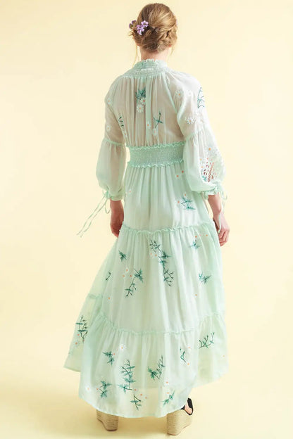 V-Neck Long Sleeve Embroidery Maxi Dress