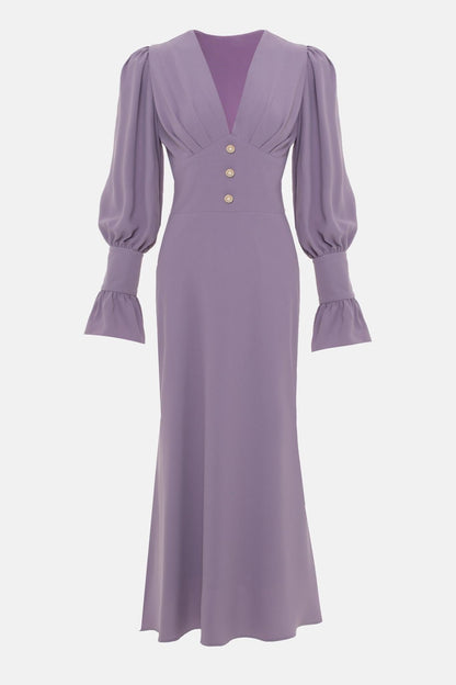 Solid V-Neck Lantern Sleeve Midi Dress