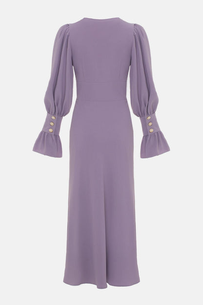 Solid V-Neck Lantern Sleeve Midi Dress
