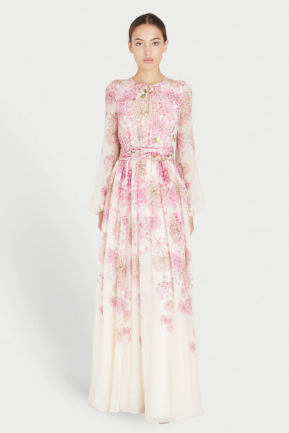 Floral Print Round Neck Puff Sleeve Maxi Dress