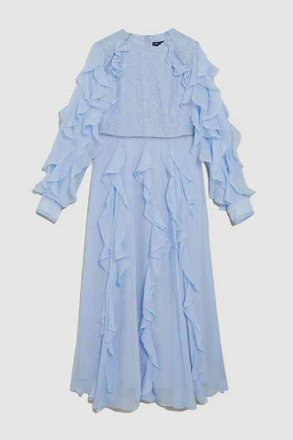 Lace Ruffle Lantern Sleeve Split Midi Dress