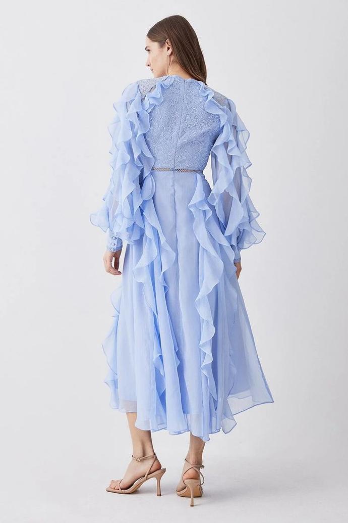 Lace Ruffle Lantern Sleeve Split Midi Dress