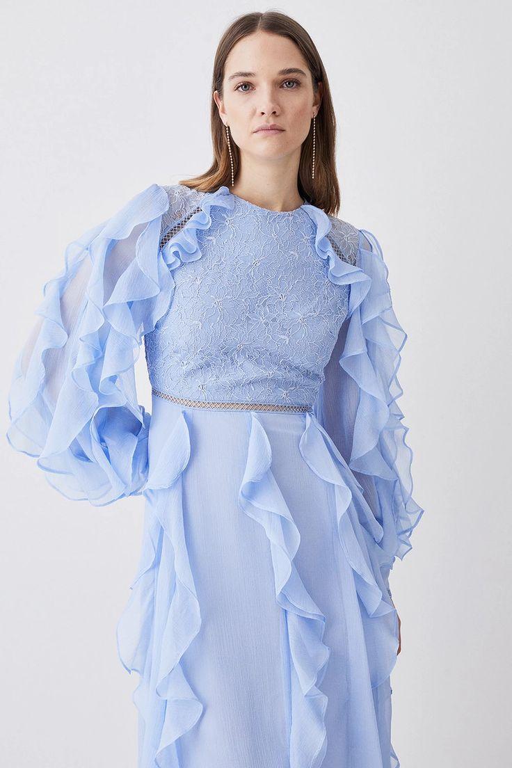 Lace Ruffle Lantern Sleeve Split Midi Dress