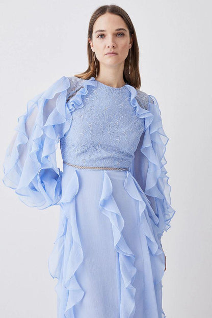 Lace Ruffle Lantern Sleeve Split Midi Dress