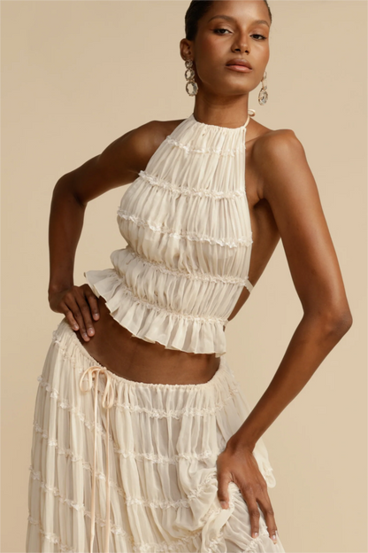 Smocking Halter Neck Backless Top & Mid Waist Maxi Skirt Set