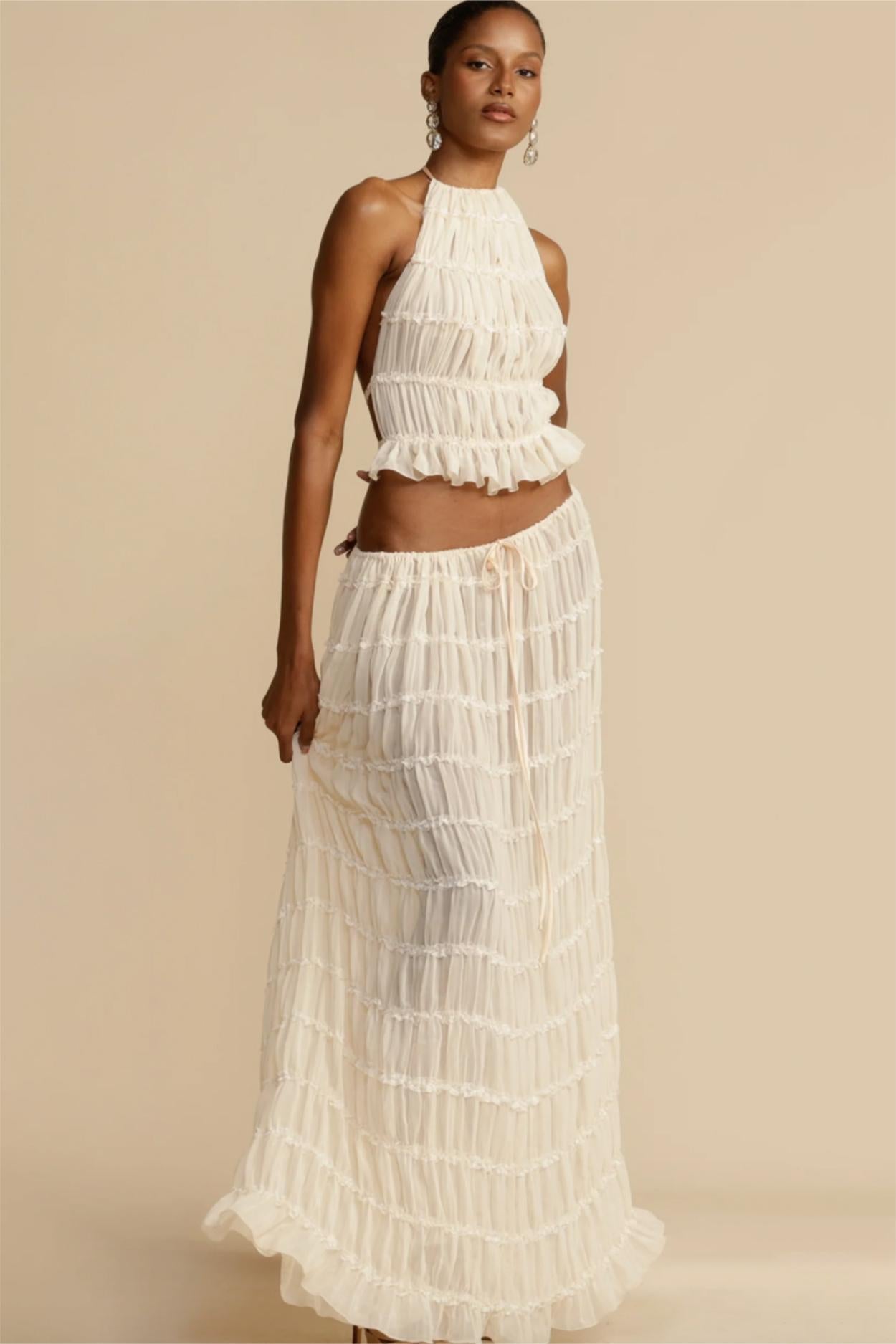Smocking Halter Neck Backless Top & Mid Waist Maxi Skirt Set