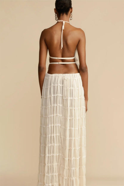 Smocking Halter Neck Backless Top & Mid Waist Maxi Skirt Set