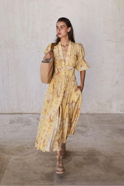 Chiffon Floral V-Neck Midi Dress With Belt