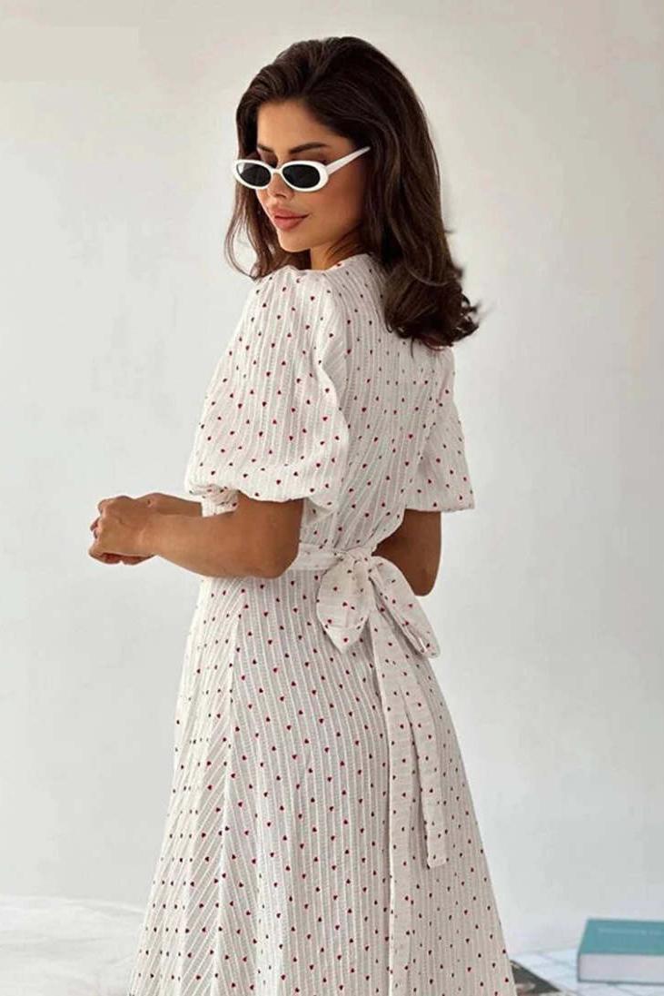Heart Print Puff Sleeve Wrap Midi Dress