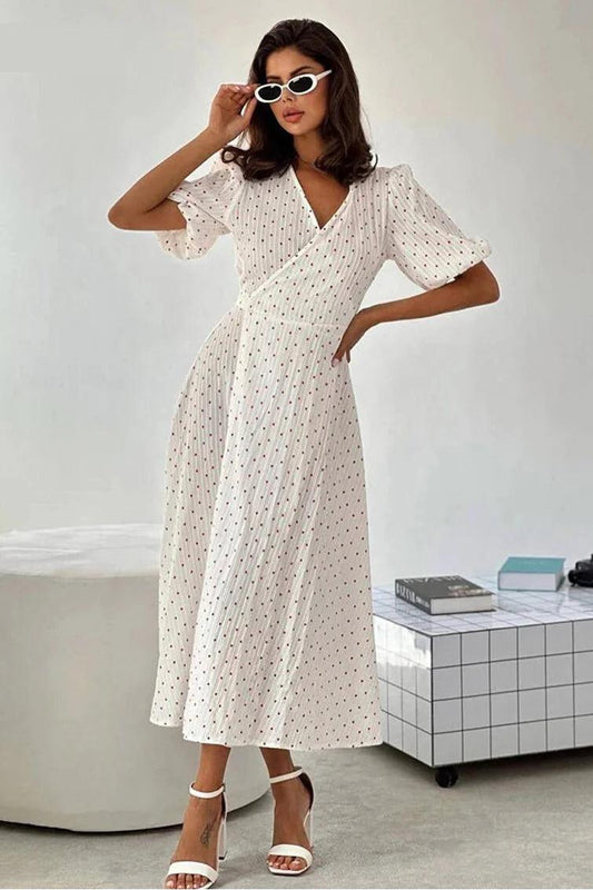 Heart Print Puff Sleeve Wrap Midi Dress