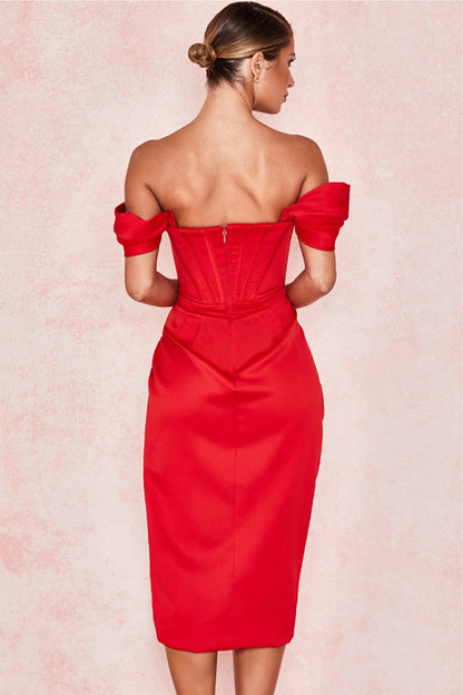 Satin Corset Off-Shoulder Split Midi Dress