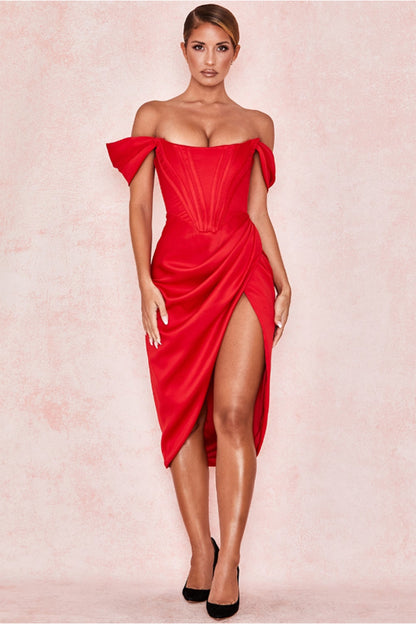 Satin Corset Off-Shoulder Split Midi Dress