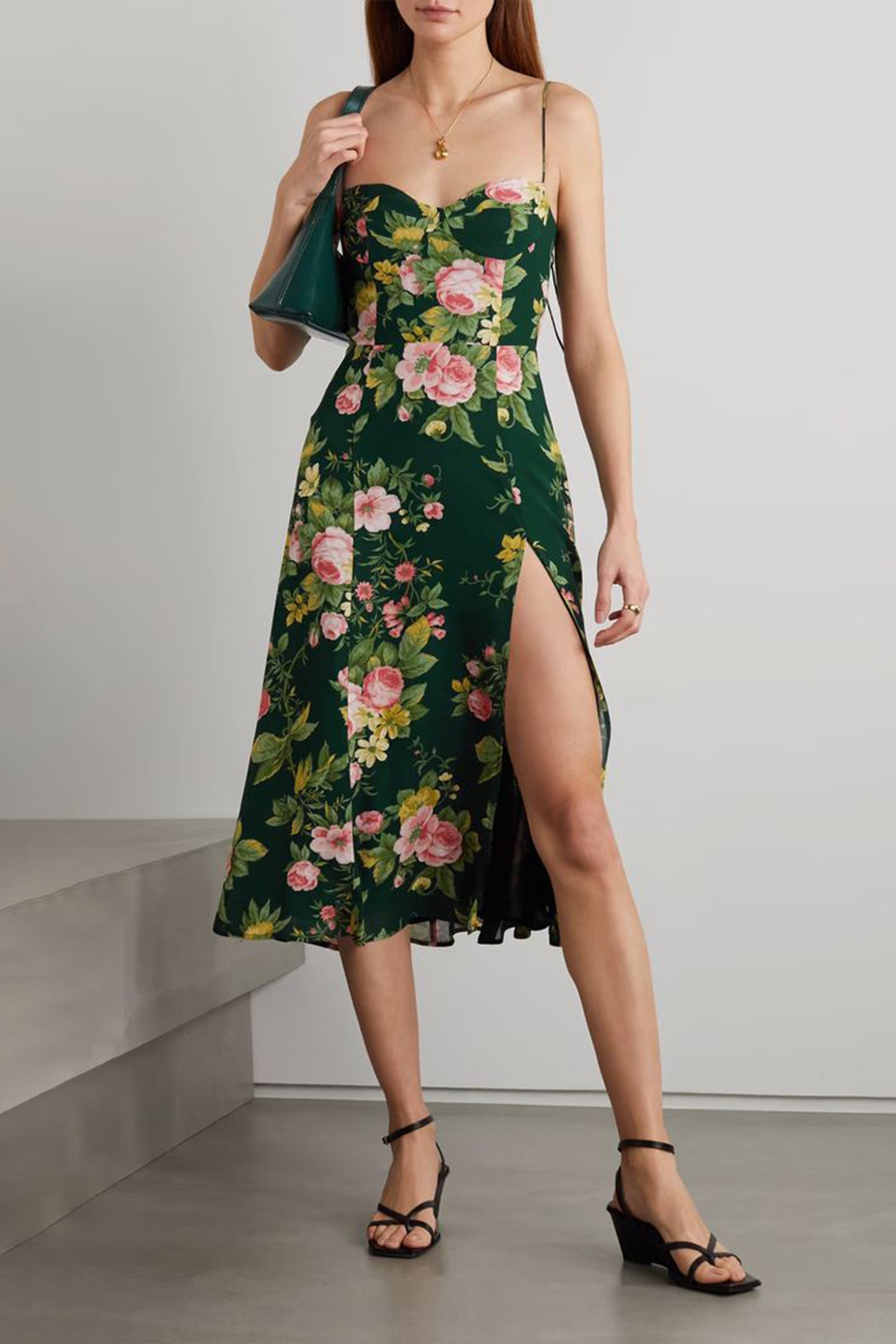 Floral Sweetheart Neck Sleeveless Split Midi Dress