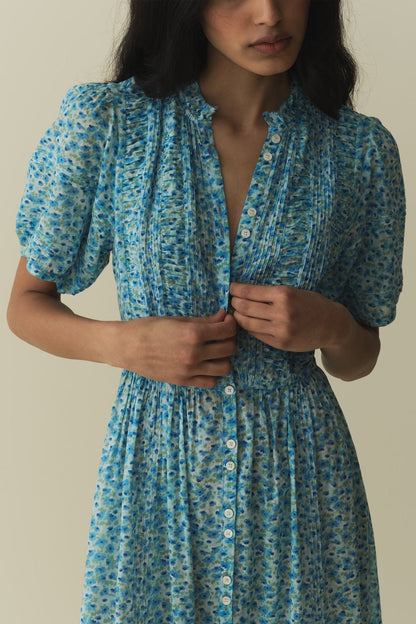 Floral Puff Sleeve Single Breasted Midi Dress