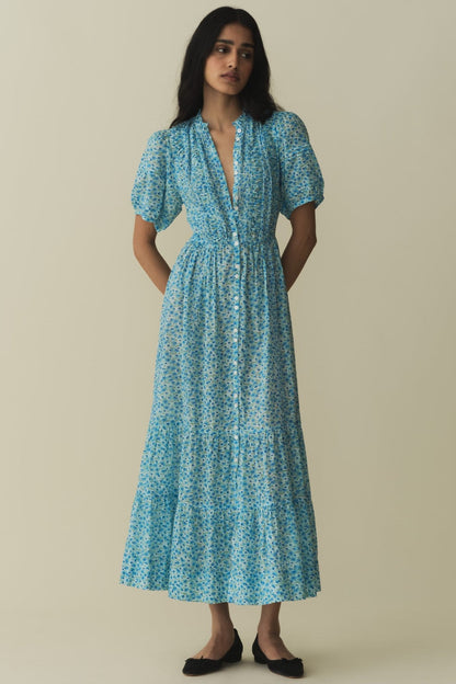 Floral Puff Sleeve Single Breasted Midi Dress