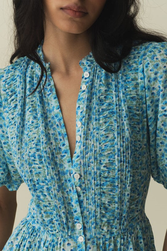 Floral Puff Sleeve Single Breasted Midi Dress